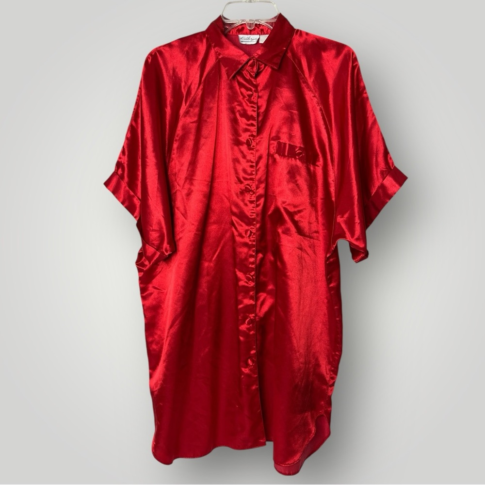 Kathryn Red Satin Short Sleeve Womens Large Button Up Sleepshirt